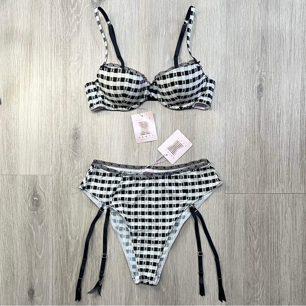 Savage X Fenty Black & White Gingham Underwire Bikini with Garter Straps
